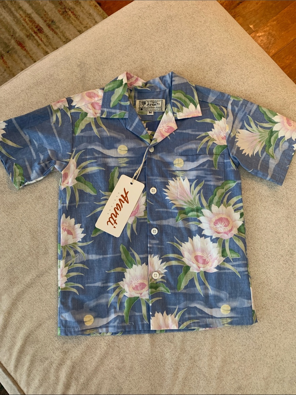 Avanti Blue Tropical Floral Camp Shirt with Pink Blooms